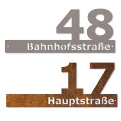 Schild mit Hausnummer und Straße aus Edelstahl oder Cortenstahl Schamotte-Shop.de